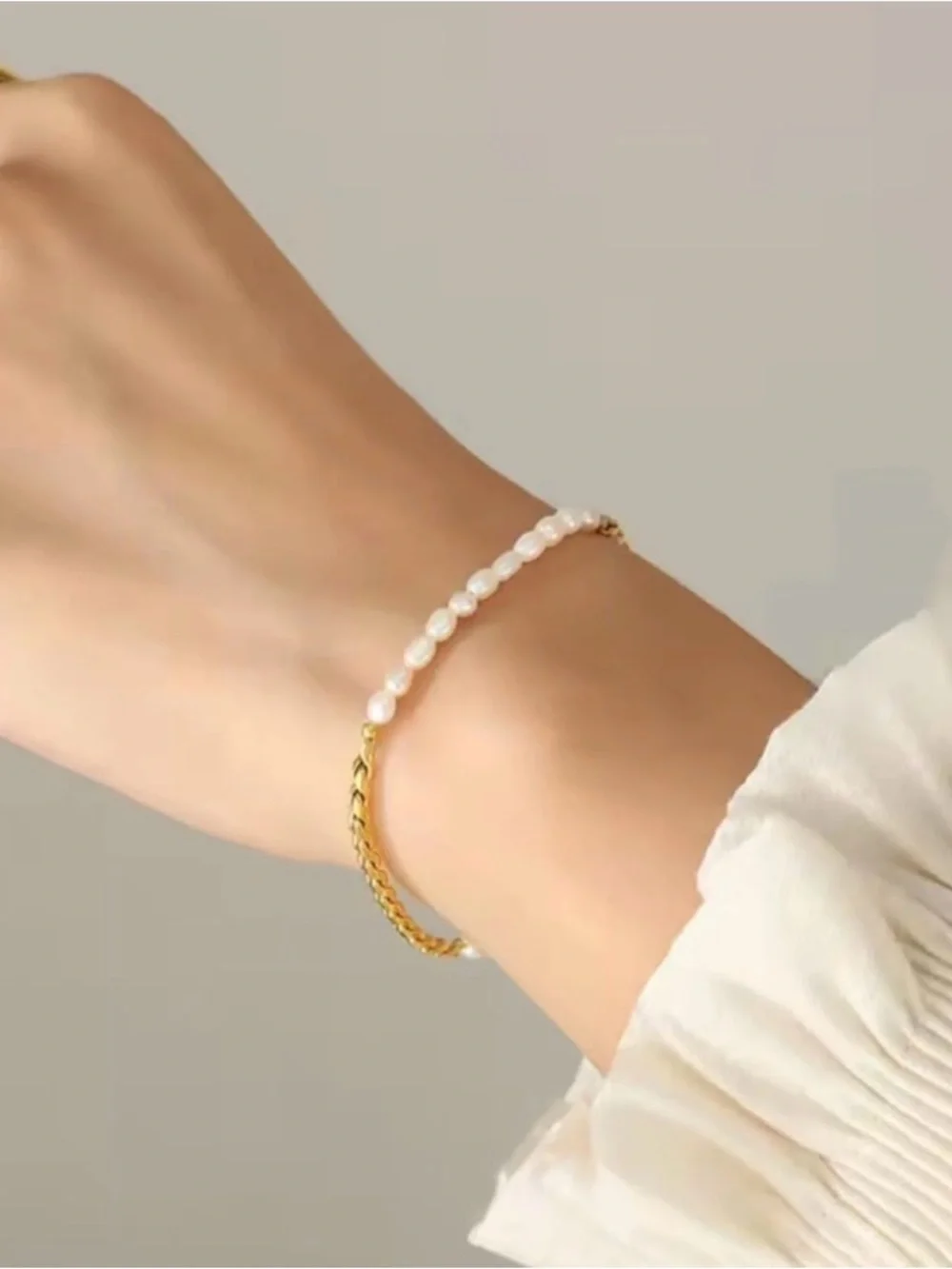 Gold Chain and White Bead Toggle Bracelet Stainless Steel - Picture 7 of 8